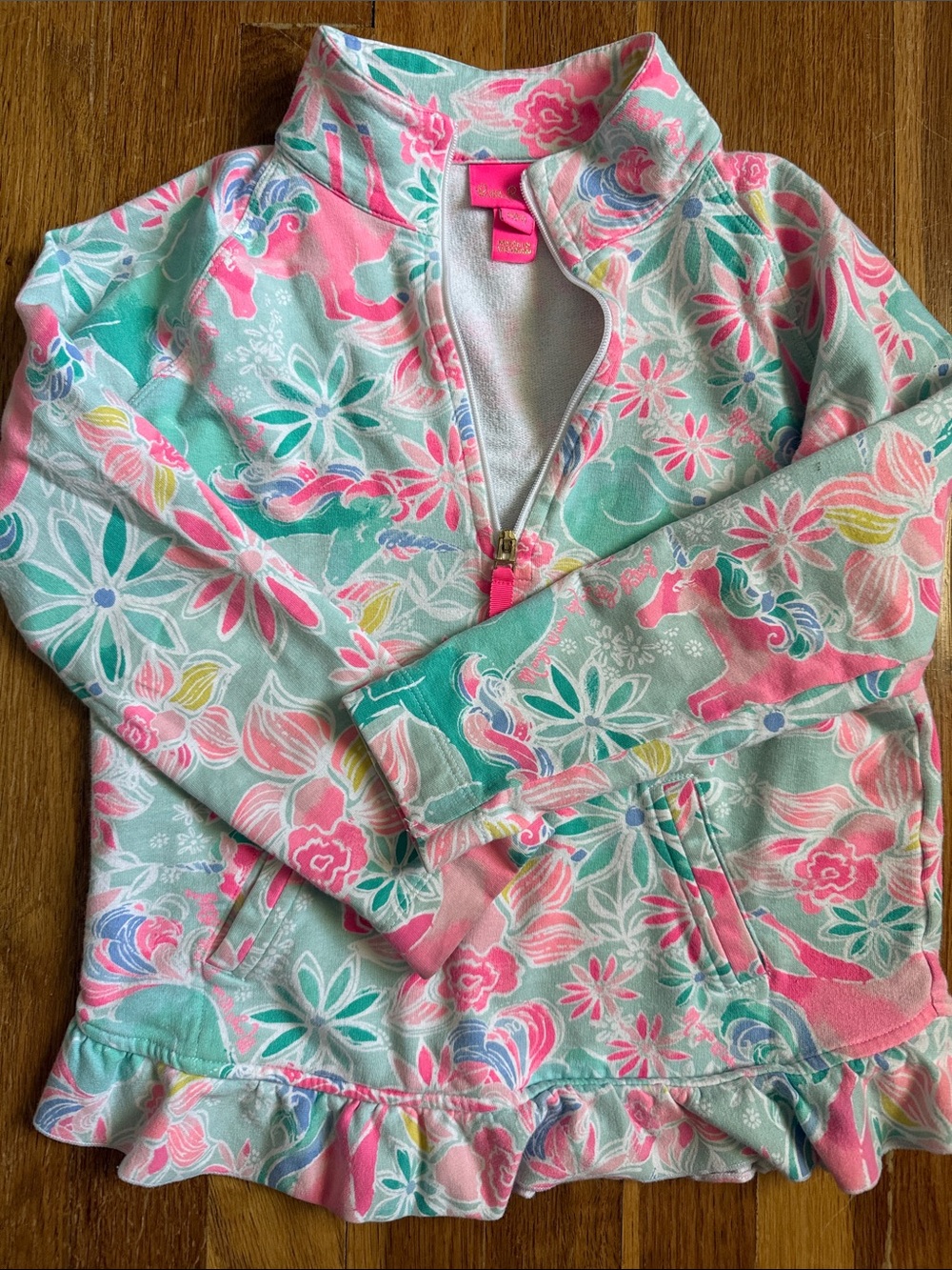 Lilly Pulitzer Girls' Floral Ruffle Zip Rashguard - Pink & Aqua